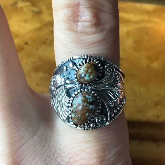 Genuine Turquoise Sterling Silver Eagle Ring Size 8 - Picture 1 of 10